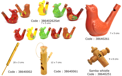 Sélection de sifflets en terre cuite, en bambou ou en bois. vendu seul ou en set de 5 pièces. Superbes pièces !