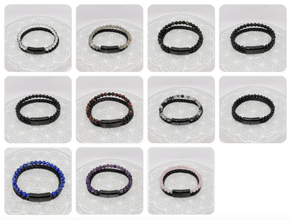 Bracelet, collection n°4, double-rang perles 8 mm, cuir + fermoir magnétique, 20,5 cm, perles AA-AAA !