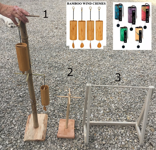 Création Zen Crurisoity, supports en bois pour carillon de style Koshi, Zaphir ou autres, de 45 ou 110 centimètres de haut, base de 20x20x4 cm..