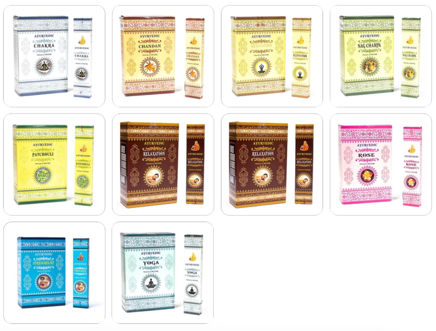 Encens ayurvédique 'Masala Incense', 12 parfums au choix, 100% naturel et roulé à la main. Boîte de 12x15 bâtons. Combustion ±60 min !