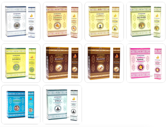 Encens ayurvédique 'Masala Incense', 12 parfums au choix, 100% naturel et roulé à la main. Boîte de 12x15 bâtons. Combustion ±60 min !