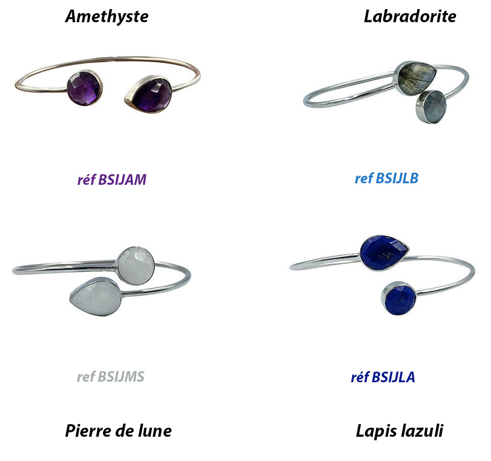 Collection de bracelets de type 'Jonc' en Argent 925 : Amethyste, Lapis, Labradorite, Pierre de Lune !
