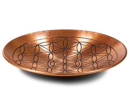 Assiette décorative avec le symbole de fleur de vie gravé, en laiton ou cuivre. Ø 15cm x 2,8 - 120 gr. Très belle qualité, inaltérable, parfait !