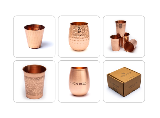 Verre/ Gobelet  en cuivre (Tamba) - 4 finitions au choix : lisse, martelée, floral, lune - 0,350 L – 118 gr - Fait en Inde !