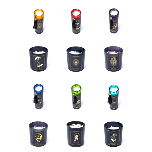 Bougies 'd'intentions' aux huiles essentielles et avec pierres précieuses, de chez 'Song of India'. 20 ou 80H de combustion ! Lorsque la bougie brûle, les pierres précieuses coulent avec la cire, une fois terminée, vous conserver les pierres !