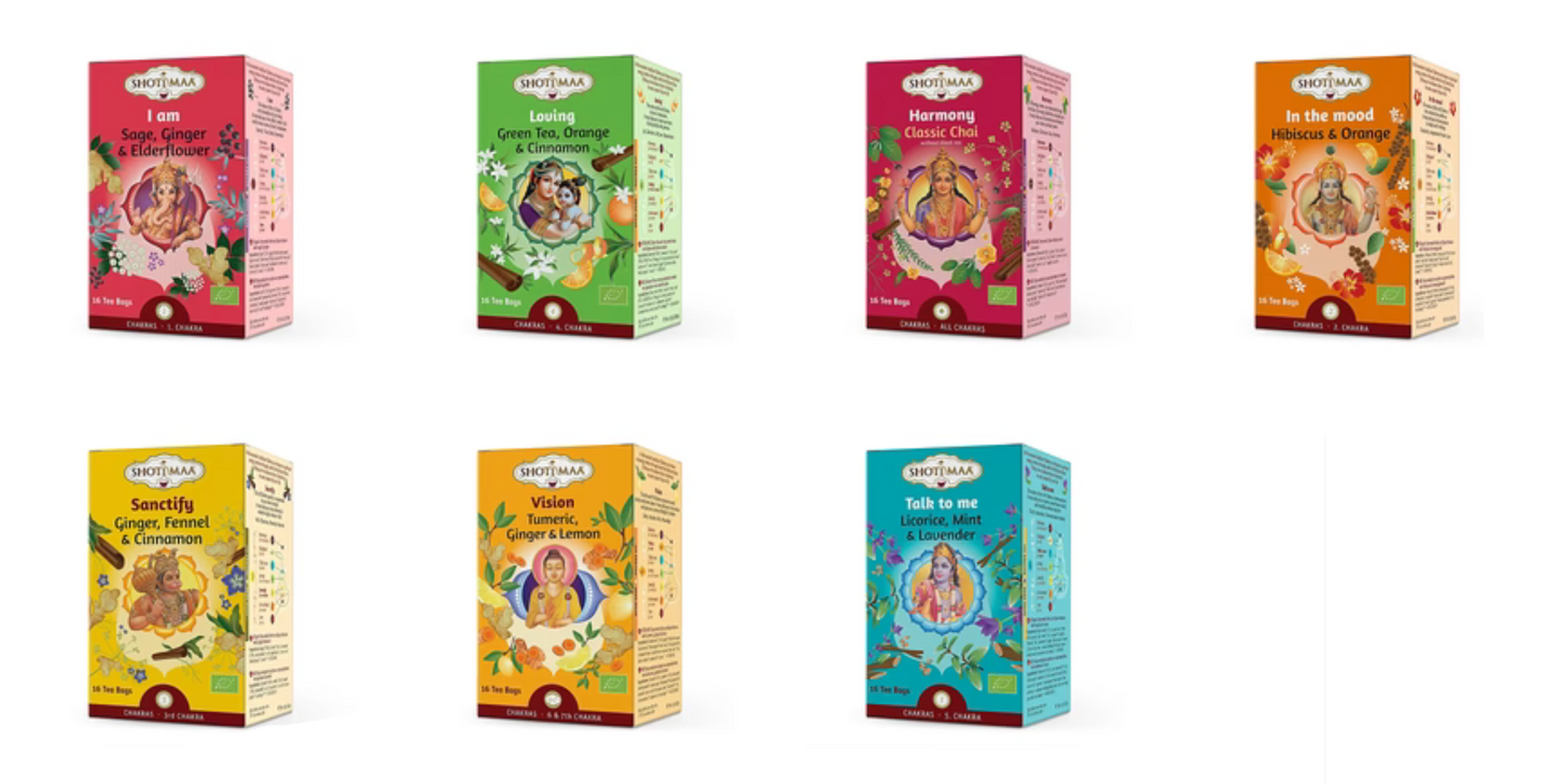 Infusion et thé Bio. de chez 'Shoti Maa', thé ayurvédique aux épices. 7 parfums au choix, 32 grammes / 16 sachets par boîte. Qualité reconnue !