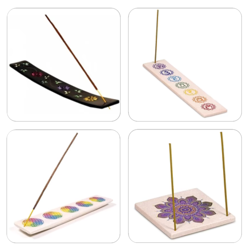 Sélection de porte-encens pour bâtonnets, en pierre naturelle de stéatite ou en grès. Longueur : 25 à 26 cm. Élégants et authentiques !