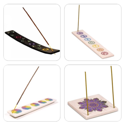 Sélection de porte-encens pour bâtonnets, en pierre naturelle de stéatite ou en grès. Longueur : 25 à 26 cm. Élégants et authentiques !