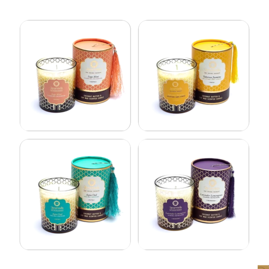 Bougie ayurvédique au beurre de coco et cire de soja de haute qualité, parfumée avec les meilleures huiles essentielles. 8x7x7cm - 355 gr. - ±55H de combustion. Moins de fumée et de suie grâce à la mèche en coton !