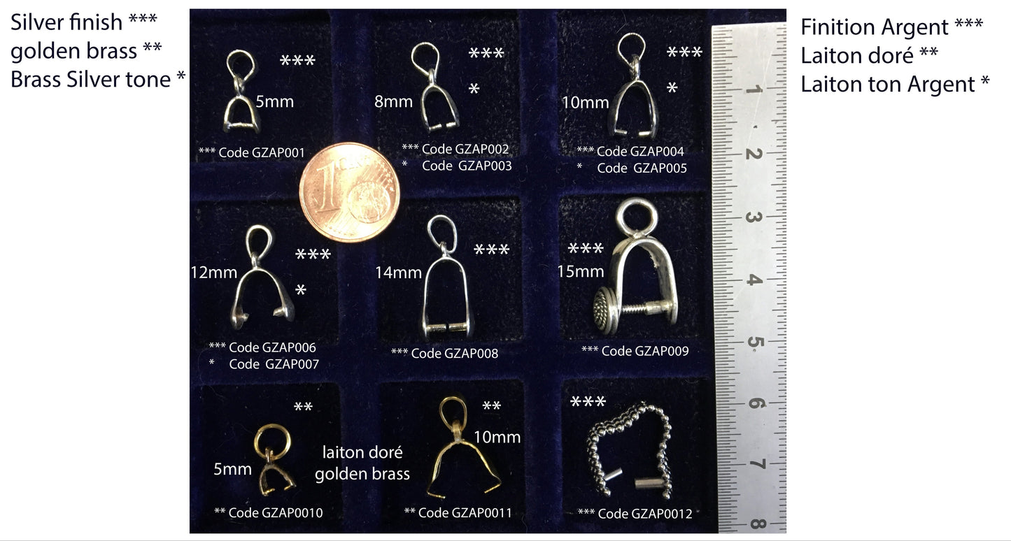 Selection of bails for drilled stones (cabochons, pearls, etc.). From 5 to 15 millimeters... Very good quality, perfect for fitting your favorite stones! Silver, gold, or silver-plated finish!