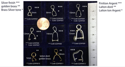 Selection of bails for drilled stones (cabochons, pearls, etc.). From 5 to 15 millimeters... Very good quality, perfect for fitting your favorite stones! Silver, gold, or silver-plated finish!