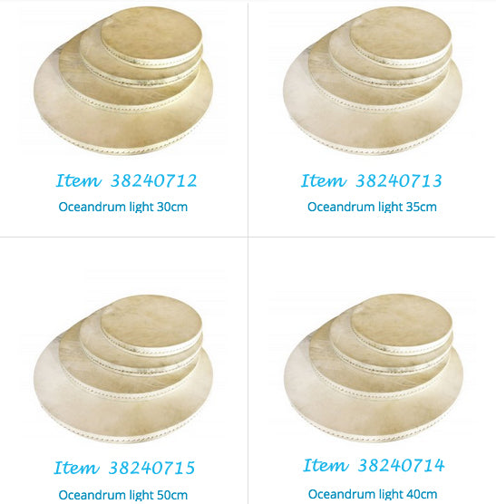 Tambour Océan, au choix de Ø 30, 35, 40 ou 50 centimètres. Tambour double peau pour imiter le son des vagues qui déferle sur la plage !