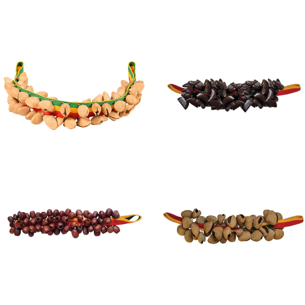 Hochets en grappes de coquilles de noix de juju (70 à 80), cousu sur un bracelet avec deux boucles - 4 graines au choix