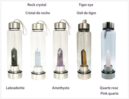 Sélection de carafes en verre et acier inoxydable de 550 ml. Pour élixir ou dynamisation de l'eau, au choix : Améthyste, Labradorite, œil de tigre ou Cristal de roche. Vendu avec housse !