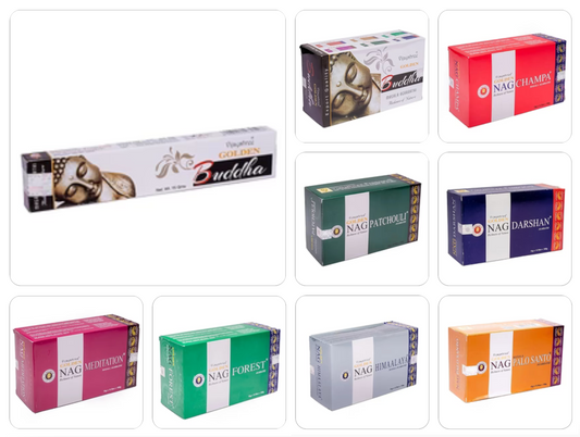 Encens 'Satya Agarbatti' – Série Golden. 8 parfums au choix ! L’art authentique de l’encens indien. Vendu en paquet ou par boîte de 12 paquets.