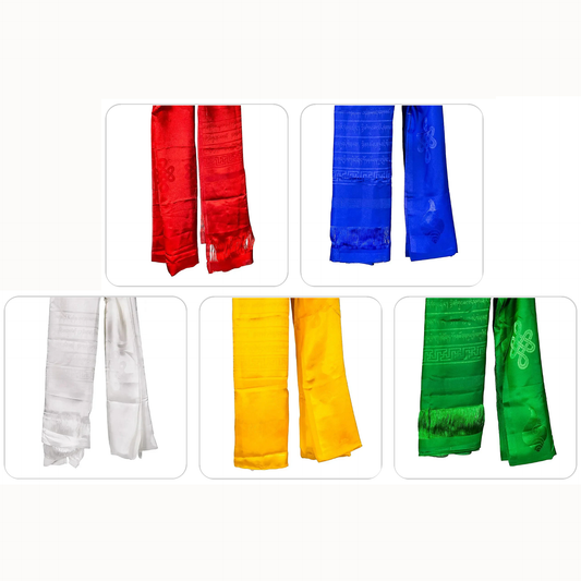 Katha de 1,85 m - SET 5 couleurs - En soie artificielle ornée de motifs Tibétains, écharpe de salutation, offrande de respect et décoration d’autel bouddhiste (Copie)