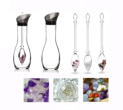 Bouteille/ Décanteur 'Era' de 1,3 litres, pour une nouvelle ère dans la préparation de « l’eau de gemme ». Verre sans métaux lourds ! vendu avec ou sans minéraux ! 3 bâtons de gemmes au choix : Diamant / 5 éléments / Bien être !