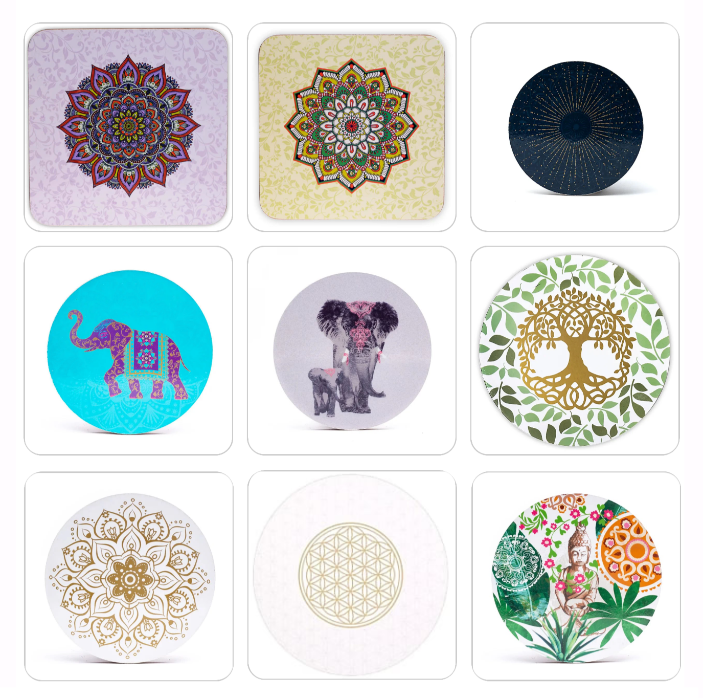 Sélection de dessous de verres, ensemble de 6 pièces avec de superbes motifs : Bouddha, éléphant, fleur de vie, mandala... 9 modèles aux choix, parfait !