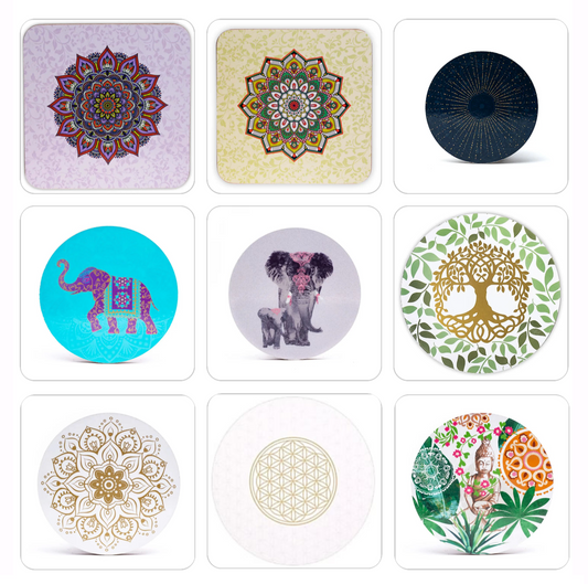 Sélection de dessous de verres, ensemble de 6 pièces avec de superbes motifs : Bouddha, éléphant, fleur de vie, mandala... 9 modèles aux choix, parfait !