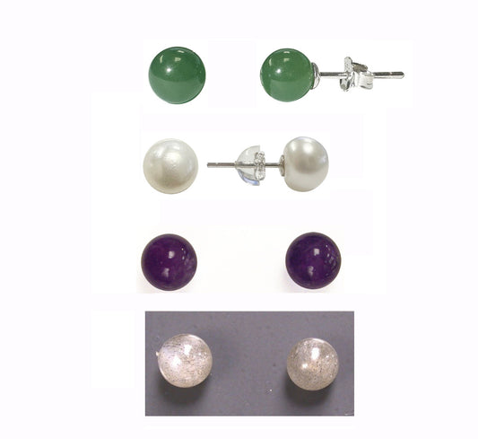 Puces/ Clous/ Boucles d'oreilles en Jade, Améthyste, Labradorite, perle Biwa (Tahiti); qualité AA à AAA. Finition Argent 0.925, très élégantes, fines, parfait !