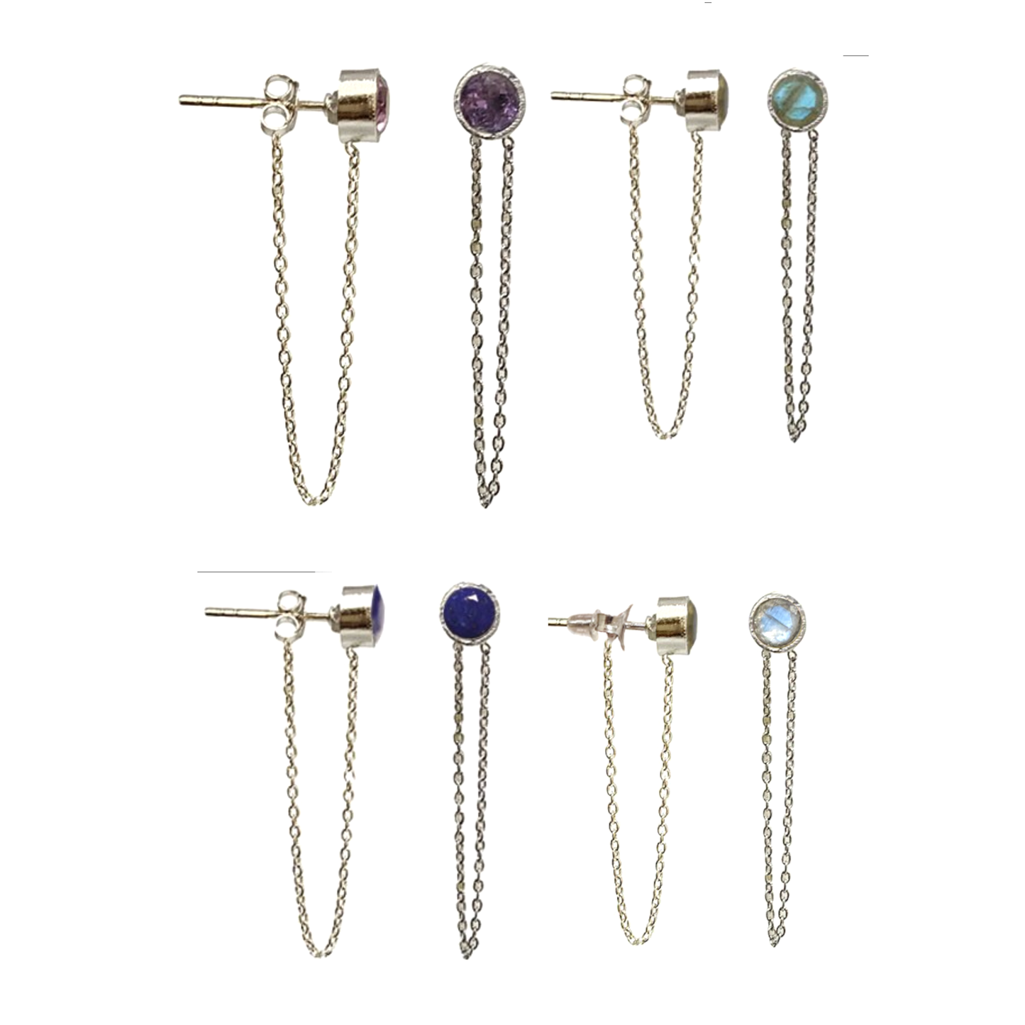 Puces/ Clous/ Boucles d'oreilles avec chaînettes. Finition Argent 0.925, en améthyste, labradorite, lapis lazuli, pierre de lune !