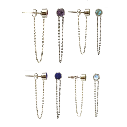Puces/ Clous/ Boucles d'oreilles avec chaînettes. Finition Argent 0.925, en améthyste, labradorite, lapis lazuli, pierre de lune !