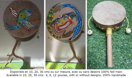 Damaru tibétain – Tambour rituel bouddhiste fait main en France, plusieurs tailles au choix : 10, 20 ou 30 cm