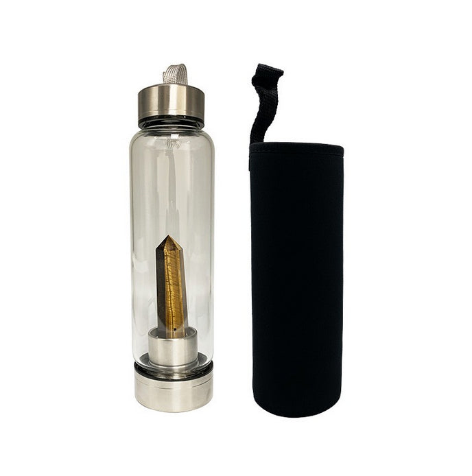 Sélection de carafes en verre et acier inoxydable de 550 ml. Pour élixir ou dynamisation de l'eau, au choix : Améthyste, Labradorite, œil de tigre ou Cristal de roche. Vendu avec housse !