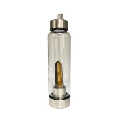 Sélection de carafes en verre et acier inoxydable de 550 ml. Pour élixir ou dynamisation de l'eau, au choix : Améthyste, Labradorite, œil de tigre ou Cristal de roche. Vendu avec housse !