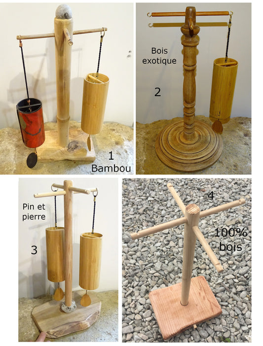 Création Zen Crurisoity, supports en bois pour carillon de style Koshi, Zaphir ou autres, de 45 centimètres de hauteur, base de 20 x 20cm.. Convient également pour cymbale Tibétaine (Tingsha). Option finition 'mat' ou 'brillant', parfait !