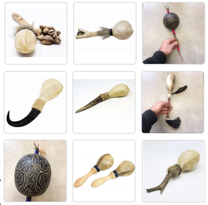 Sélection de hochets/ Maracas de 25 à 40cm, en bois et peau de chèvre avec graines  ou cymbales. Parfait pour rituels, collection, concerts !.jpg.webp