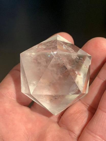 Rock crystal icosahedron, one of the five Platonic Solids - ± 50 x 40 mm / 101.3 g - AA to AAA quality