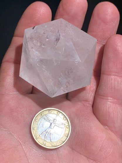 Rock crystal icosahedron, one of the five Platonic Solids - ± 50 x 41 mm / 115.9 g - AA to AAA quality