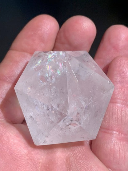 Rock crystal icosahedron, one of the five Platonic Solids - ± 50 x 41 mm / 115.9 g - AA to AAA quality