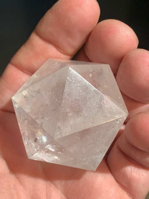 Rock crystal icosahedron, one of the five Platonic Solids - ± 50 x 41 mm / 115.9 g - AA to AAA quality