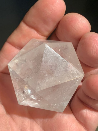 Rock crystal icosahedron, one of the five Platonic Solids - ± 50 x 41 mm / 115.9 g - AA to AAA quality