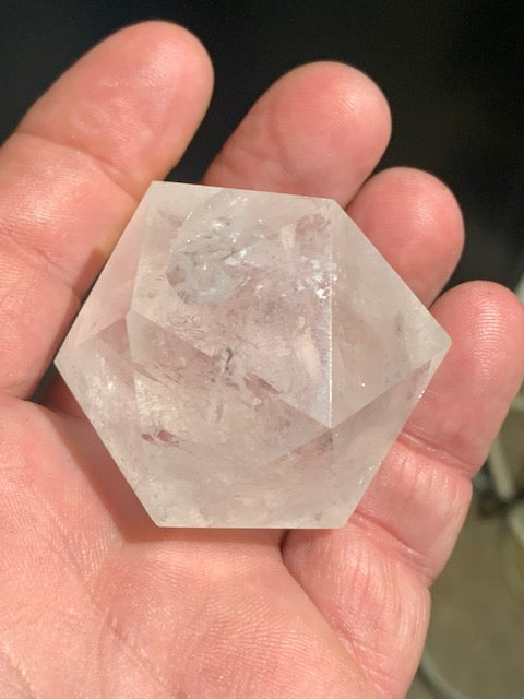 Rock crystal icosahedron, one of the five Platonic Solids - ± 50 x 41 mm / 115.9 g - AA to AAA quality