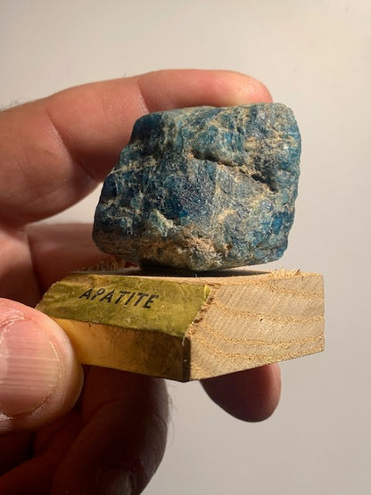 Apatite bleue – spécimen brut sur socle, collection ancienne – 50 × 40 × 40 mm – 73,5 g