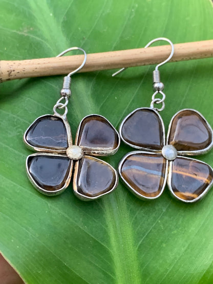 Boucles d'oreilles en Oeil de tigre, en formes de trèfle à 4 feuilles, qualité AA à AAA, Argent 925, parfait !