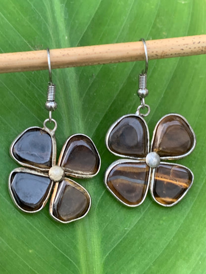 Boucles d'oreilles en Oeil de tigre, en formes de trèfle à 4 feuilles, qualité AA à AAA, Argent 925, parfait !