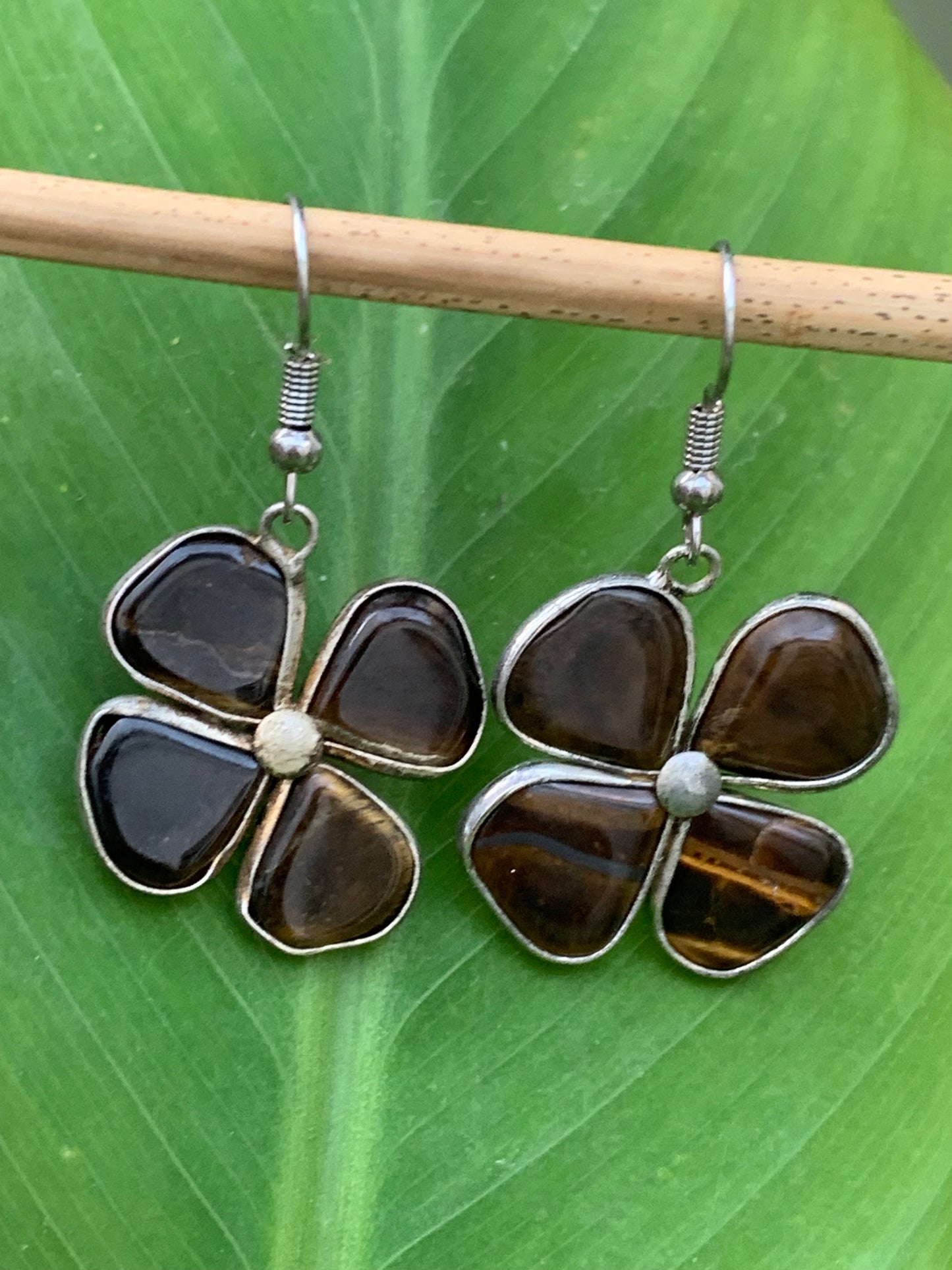 Boucles d'oreilles en Oeil de tigre, en formes de trèfle à 4 feuilles, qualité AA à AAA, Argent 925, parfait !