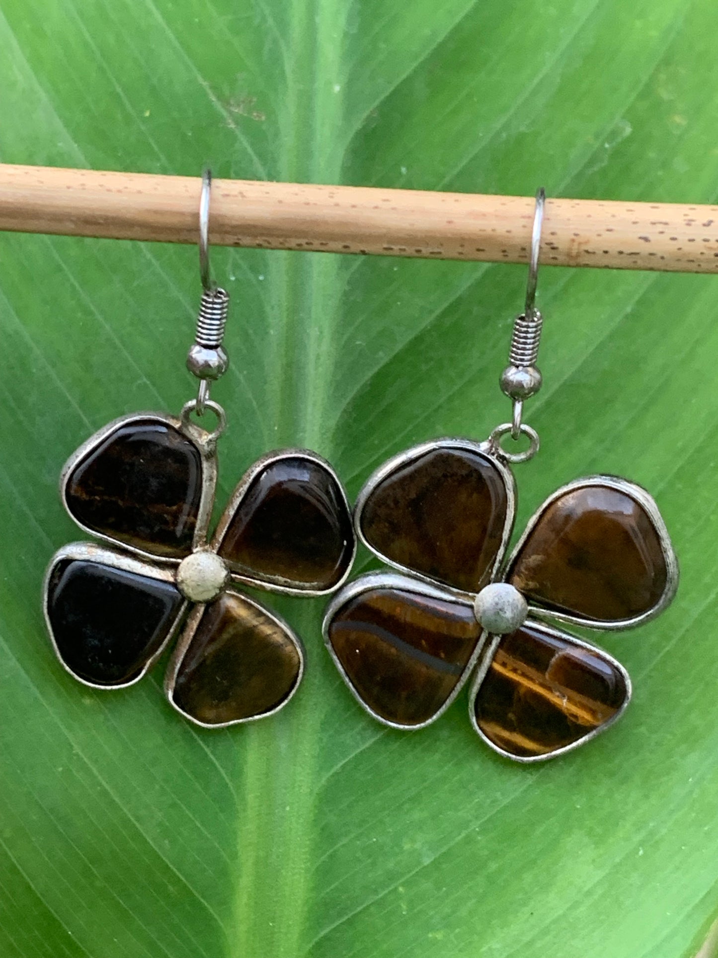 Boucles d'oreilles en Oeil de tigre, en formes de trèfle à 4 feuilles, qualité AA à AAA, Argent 925, parfait !