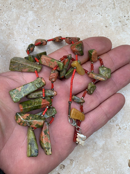 Superbe collier en perle de Jaspe Unakite du Pakistan, 44 cm - Fait par Zen C° !