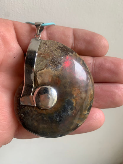 Fossil ammonite pendants, available in two sizes: 60x50x20 and 35x25x10 mm. Each piece is authentic and unique, revealing the natural spirals and fascinating patterns of this fossil. Comes with a drawstring, ready to wear or give as a gift!