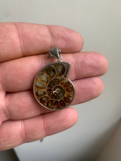 Fossil ammonite pendants, available in two sizes: 60x50x20 and 35x25x10 mm. Each piece is authentic and unique, revealing the natural spirals and fascinating patterns of this fossil. Comes with a drawstring, ready to wear or give as a gift!