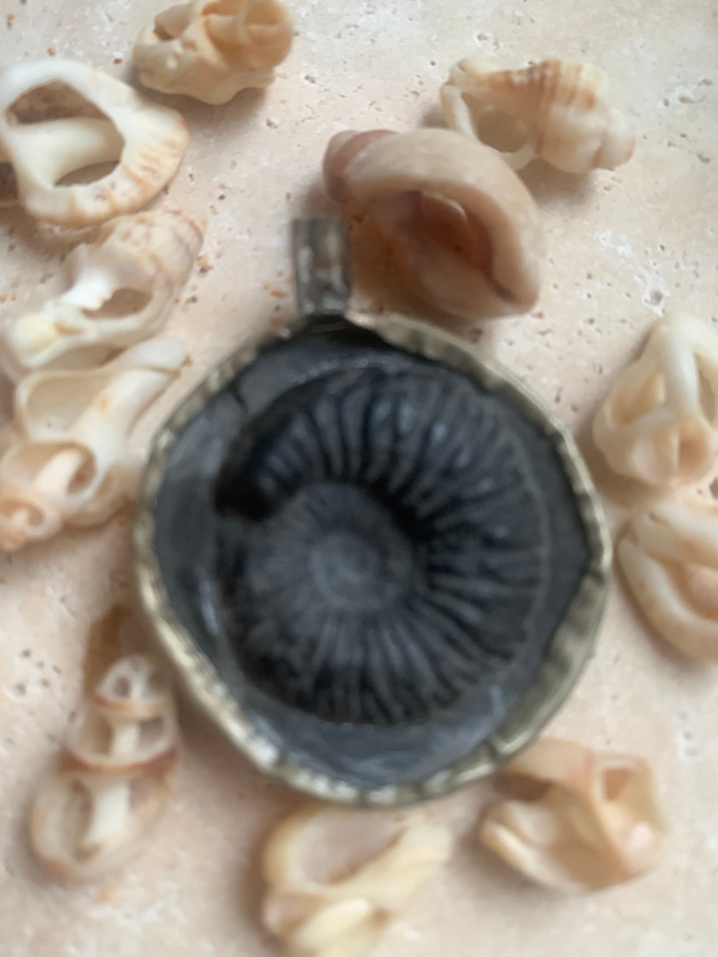 Fossilized ammonite from Nepal, measuring 45x35x12 millimeters. This authentic and unique piece reveals the natural spirals and fascinating patterns of this fossil. Comes with a drawstring, ready to wear or give as a gift!