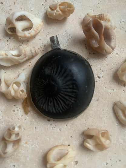 Fossilized ammonite from Nepal, measuring 45x35x12 millimeters. This authentic and unique piece reveals the natural spirals and fascinating patterns of this fossil. Comes with a drawstring, ready to wear or give as a gift!