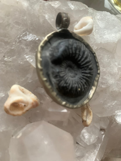 Fossilized ammonite from Nepal, measuring 45x35x12 millimeters. This authentic and unique piece reveals the natural spirals and fascinating patterns of this fossil. Comes with a drawstring, ready to wear or give as a gift!