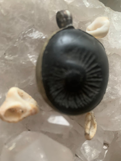 Fossilized ammonite from Nepal, measuring 45x35x12 millimeters. This authentic and unique piece reveals the natural spirals and fascinating patterns of this fossil. Comes with a drawstring, ready to wear or give as a gift!
