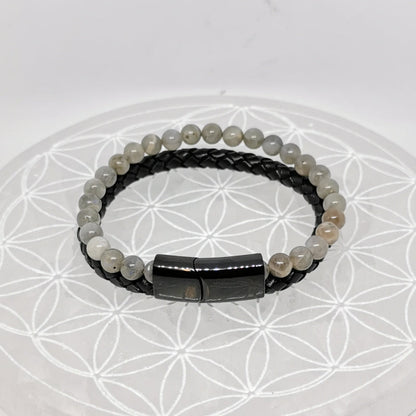 Bracelet, collection n°4, double-rang perles 8 mm, cuir + fermoir magnétique, 20,5 cm, perles AA-AAA !